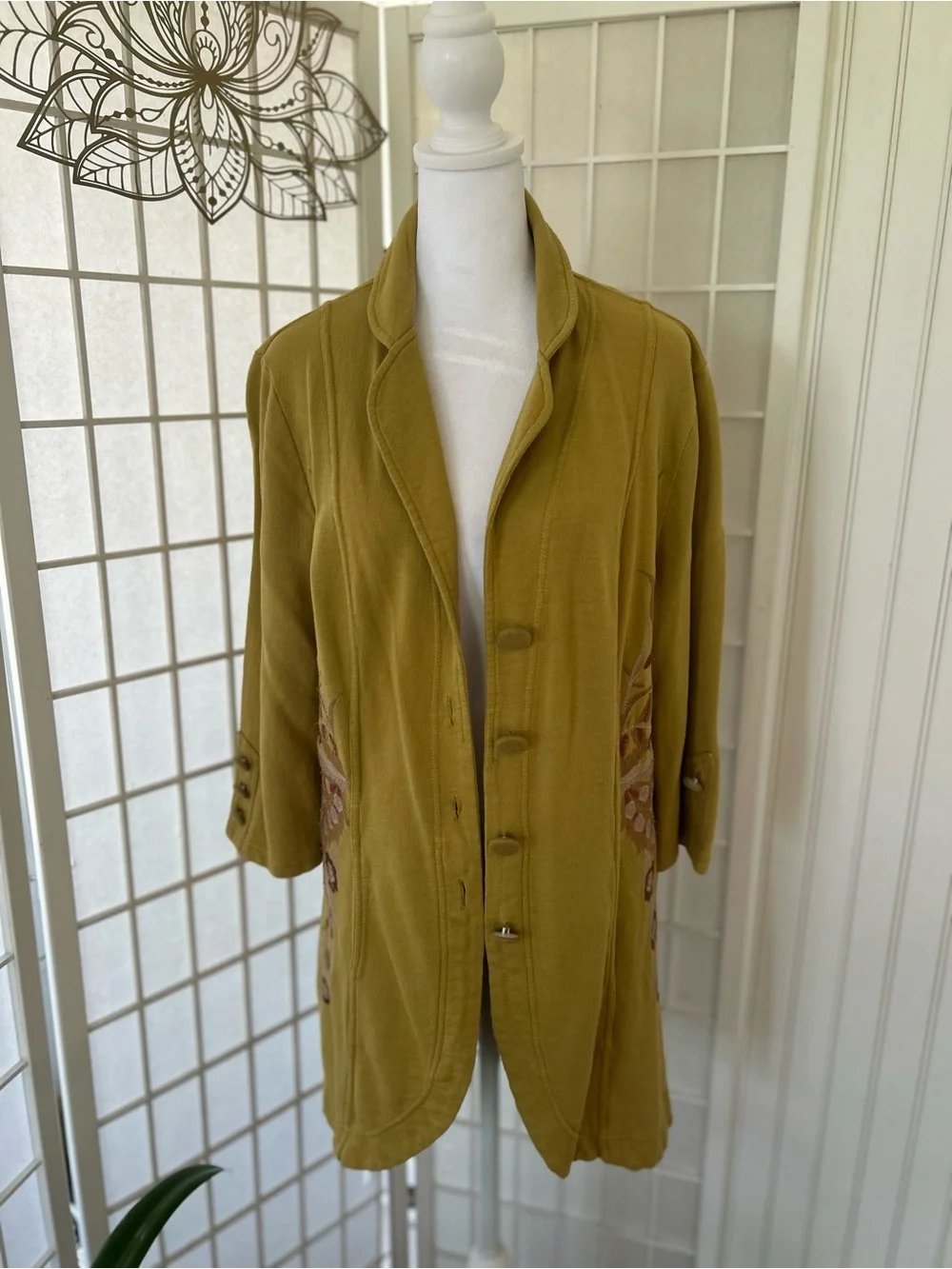 XCVI Embroidered Cotton Jacket Cardigan Large Olive Green Boho
